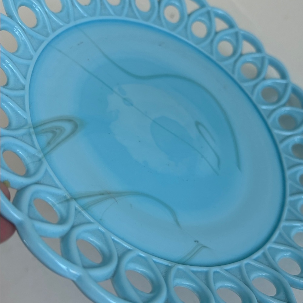 Challinor & Taylor blue milk glass slag glass 8” and 10” scroll and eye plates - Picture 10 of 14